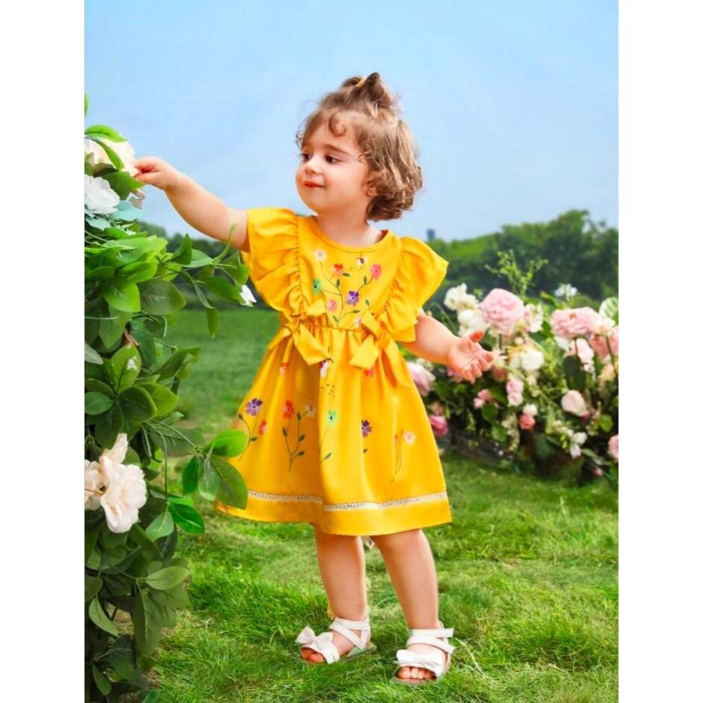 Cute Print Short Sleeve Belted Dress Casual Dresses For Summer Girls